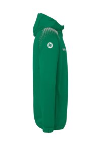 Green hooded sweatshirt with a smooth texture and elastic cuffs. Features a logo on the sleeve and a patterned design on the shoulder.