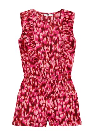 Mouwloze romper in roze en rood met een patroon en ruches, knoopsluiting aan de voorkant, elastische taille en een vastgebonden riem. Glad, lichtgewicht stof.