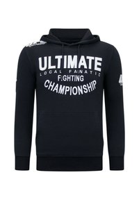 Zwarte hoodie van een katoenmix, met witte tekst: "ULTIMATE LOCAL FANATIC FIGHTING CHAMPIONSHIP" gedrukt over de voorkant. Capuchon met trekkoord.