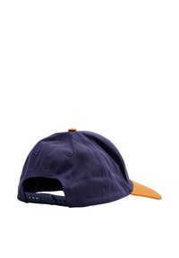 Navy blue cap with an orange brim, textured fabric, adjustable strap at the back, and a small top button detail.