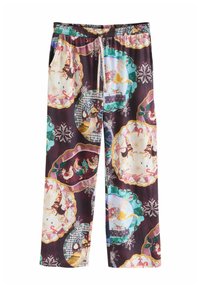 Musterhosen in dunklem Lila mit verschiedenen kreisförmigen Designs, die Vögel und festliche Elemente zeigen. Elastischer Bund mit Kordelzug.