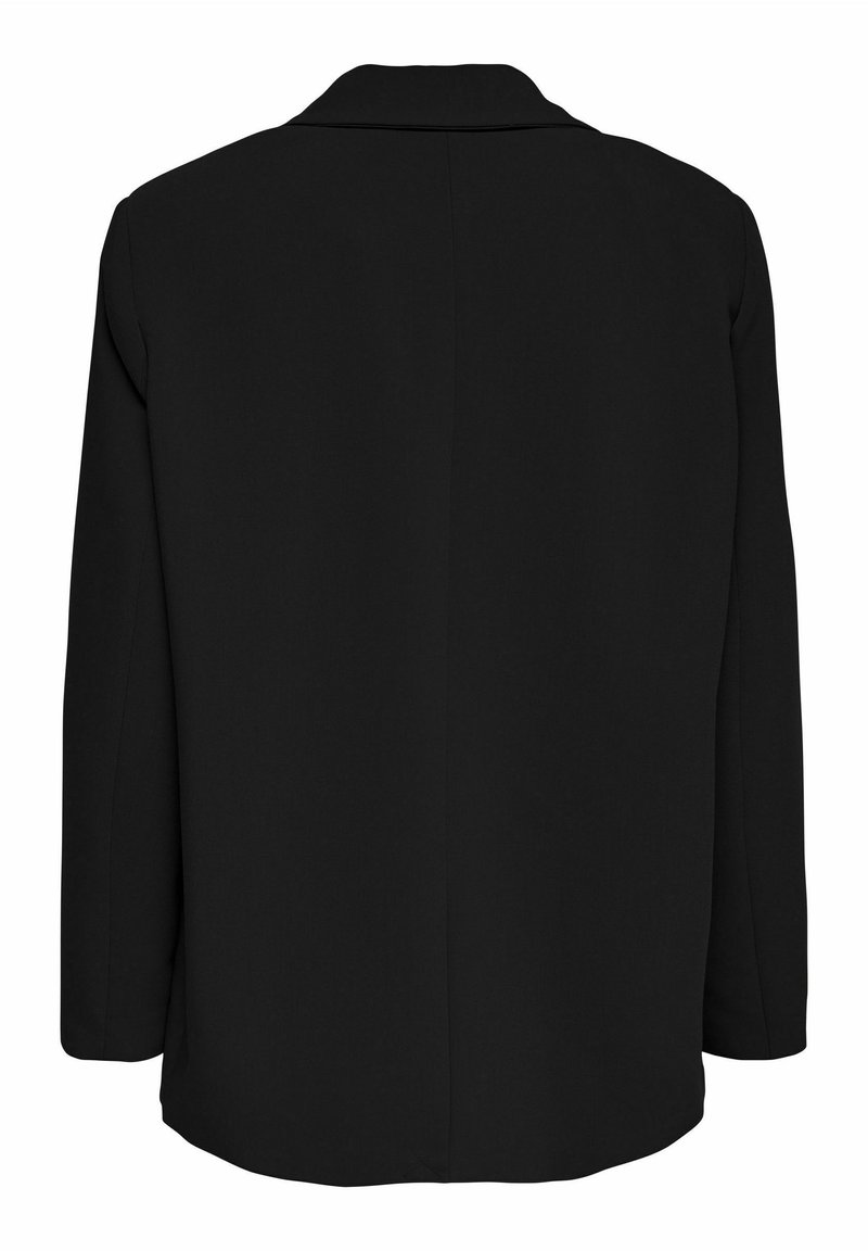 Schwarze Blazer mit taillierter Passform, langen Ärmeln, geknöpftem Kragen und glatter Textur. Die Rückansicht zeigt eine einzelne Naht in der Mitte.