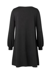 Schwarzes Langarm-Tunika-Kleid mit lockerer Passform, aus Ballonärmeln und einem runden Ausschnitt, hergestellt aus glattem, dehnbarem Stoff.