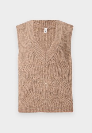 Beige sleeveless knitted vest with a V-neck, featuring a textured pattern and ribbed edges, made from a soft yarn material.