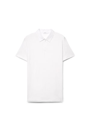 Polo bianca a maniche corte con colletto e una breve cerniera frontale, mostrata su uno sfondo bianco semplice.