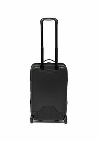 Valise rigide noire avec double roues, poignée télescopique et poignée supérieure. Texture lisse et design épuré.