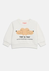 Sweatshirt blanc pour tout-petit avec deux visages de chien souriants et le texte "TINY & TINY services de jardinage et d'entretien" à l'avant.