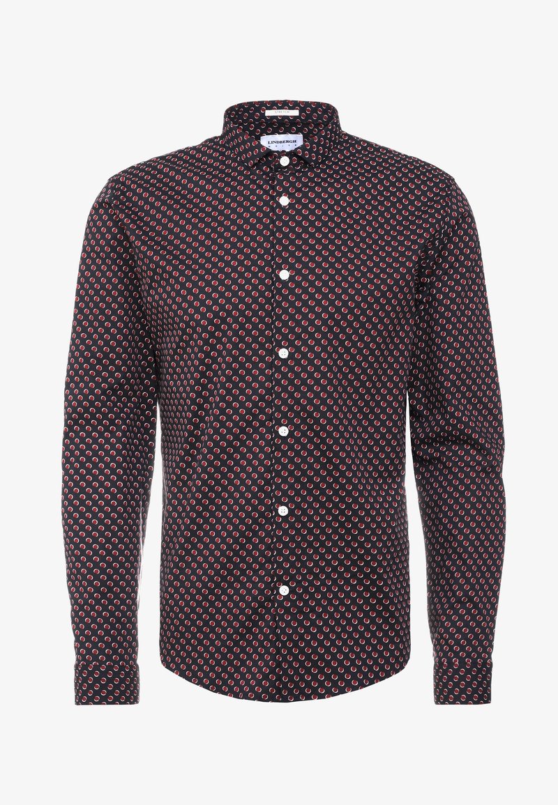 Chemise noire avec un motif circulaire rouge et blanc, col à boutons, manches longues, et fermeture à boutons sur le devant. Tissu extensible pour le confort.