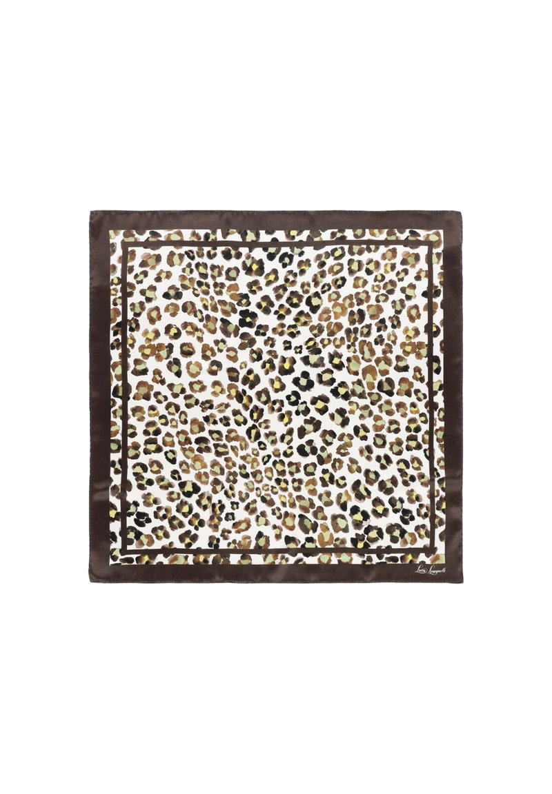 Sjakot med leopardprint, der viser en blanding af sorte, brune og gule pletter på en hvid baggrund, omkranset af en mørkebrun ramme.