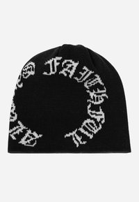 Beanie noir en maille présentant un motif circulaire de texte blanc. Texture douce avec une finition sans couture, idéale pour un style décontracté.