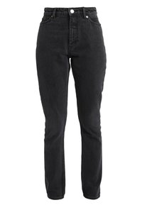 Höga svarta denimjeans med rakt ben-design, som har en framsidig knappstängning, metallnitar och framfickor.