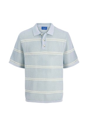 Lyseblå kortermet polo-skjorte med strukturert strikk, hvite horisontale striper, tre-knapps placket og ribbestrikket krage.