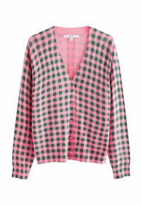 Cardigan cu carouri roz și verde, cu decolteu în V, mâneci lungi și închidere cu nasturi. Textură moale și material tricotat ușor.