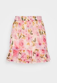 Blommönstrad kjol med rosa bas, som har volanger i kanten, i lätt material med gröna och gyllene accenter.