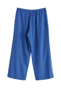 Modré, elastické kalhoty culottes se širokými nohavicemi, vyrobené z měkké látky, s obroubenými okraji, nabízí uvolněný střih a pohodlné nošení.