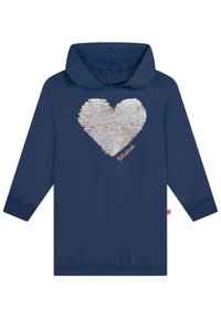 Granatowa bluza z kapturem z dużym, teksturowanym srebrnym sercem wykonanym z cekinów. Posiada ściągacze na mankietach i u dołu oraz różowe logo.