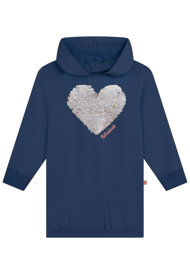 Granatowa bluza z kapturem z dużym, teksturowanym srebrnym sercem wykonanym z cekinów. Posiada ściągacze na mankietach i u dołu oraz różowe logo.