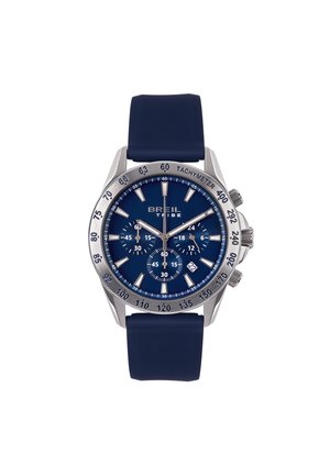 Breil Tribe Armbanduhr mit blauem Zifferblatt, drei Unterzifferblättern, Datumsanzeige, silbernen Stundenmarkierungen, Tachymeter-Lünette und blauem Armband.