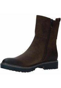 Hnědá kožená kotníková bota s užším designem, postranním zipem, texturovaným svrškem, kulatou špičkou a pevným černým gumovým podrážkou.