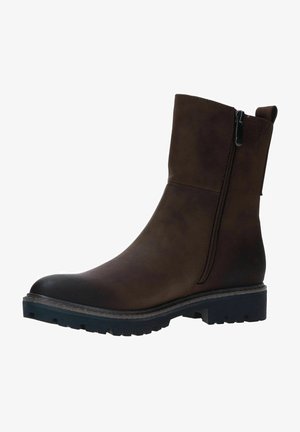 Bottines en cuir marron à design effilé, avec une fermeture éclair sur le côté, un dessus texturé, un bout arrondi et une semelle robuste en caoutchouc noir.