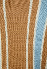 Woven fabric with alternating stripes in brown, cream, and light blue; textured surface and uniform pattern throughout.