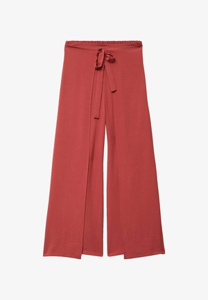 Pantalon ample couleur rouille avec taille élastique et ceinture à nouer en tissu, fabriqué dans un matériau léger texturé.