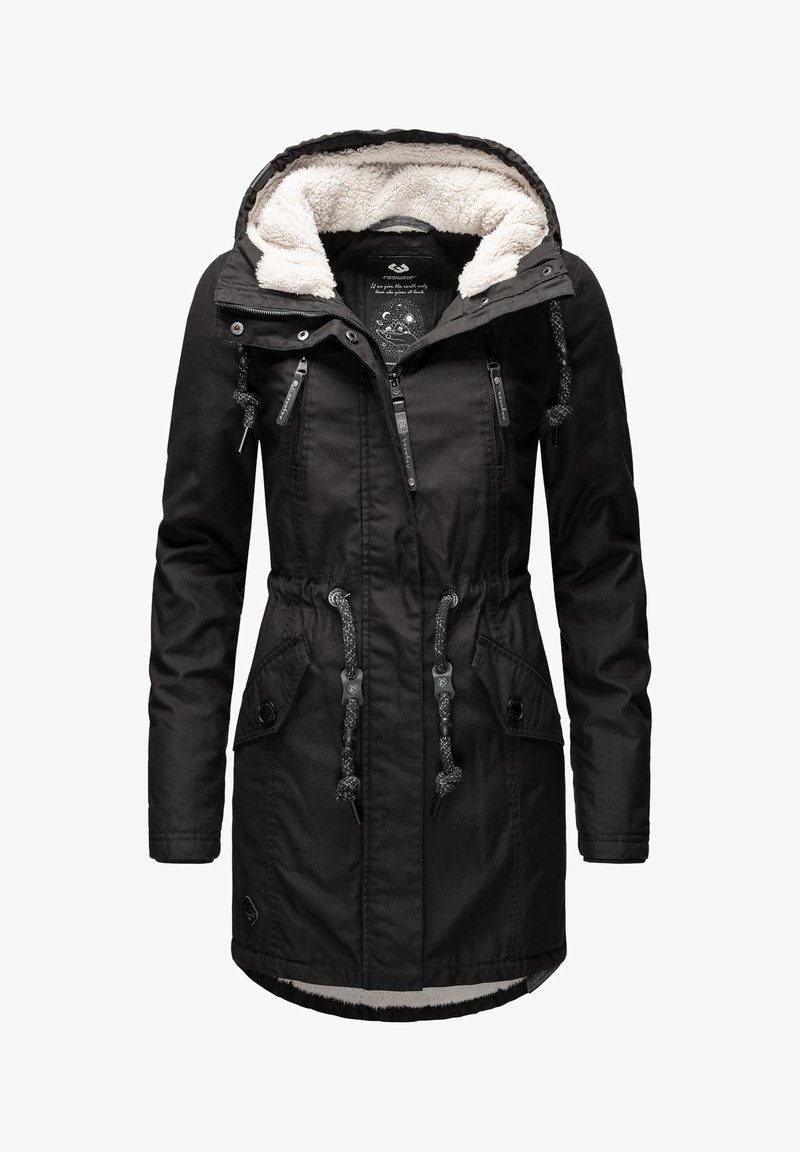 Sort parka-jakke med en tekstureret, blød inderforing. Har snoretræk i taljen, flere lynlåslommer og en hætte med pelsfor.
