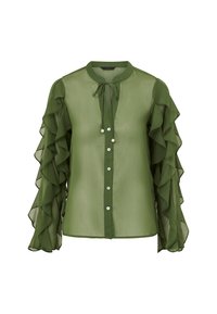 Grøn gennemsigtig bluse med flæseærmer, knaplukning foran og bånd om halsen. Har perle-lignende detaljer på båndet og knapperne.