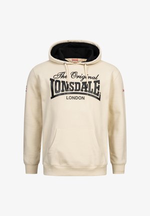 Krémová mikina s kapucí vyrobená z bavlny, má černou podšívku kapuce, přední kapsu a velký černý grafik "Lonsdale London" na hrudi.