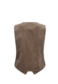 Gilet en velours côtelé marron vu de dos avec un ourlet légèrement pointu et sans fermetures ni ornements visibles.