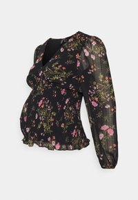 Blusa nera floreale con maniche lunghe a sbuffo, corpino arricciato e scollatura profonda a V. Il tessuto è leggero e ha una consistenza morbida.