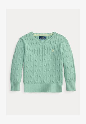 Lys mintgrønn kabelstrikket genser med rund hals, ribbet nederkant og mansjetter, med en liten brodert logo på brystet.