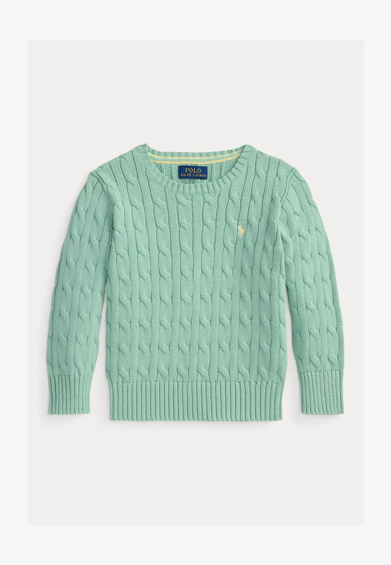 Απαλό μέντα πράσινο πουλόβερ με πλέξη καλωδίου, στρογγυλή λαιμόκοψη, ριμπ στα τελειώματα και τις μανσέτες, με μικρό κεντημένο λογότυπο στο στήθος.