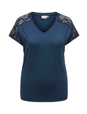 Navy blue short-sleeve T-shirt with a V-neck, featuring lace accents on shoulders. Made of soft, smooth fabric with a relaxed fit.