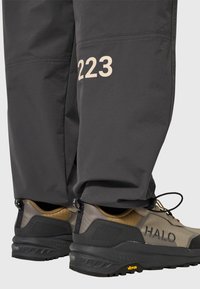 Grijze broek met een grote beige "223" print aan de zijkant. Bijpassende schoenen met grijze en kaki delen, Vibram-zool en branding.