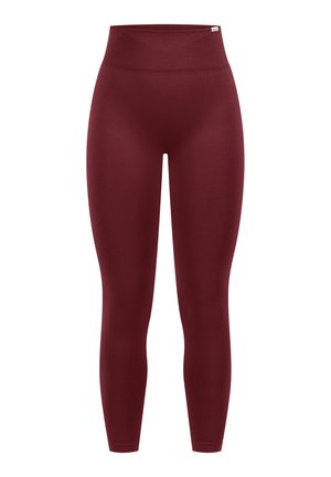 Bordeaux leggings gemaakt van rekbare, gladde stof; hoge tailleband; getailleerd ontwerp; geen zichtbare patronen of hardwareaccenten.