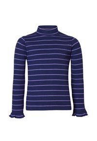 Marinbl�å randig polotröja med långa ärmar, som har ljuslila ränder, ribbad textur och volangärmar.