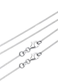Zilveren ketting met een gevlochten textuur en een kreeftsluiting. Heeft een gladde afwerking en een afgeronde schakelontwerp.