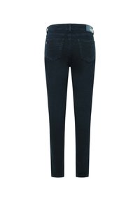 Jean skinny noir avec une texture en denim lisse, une taille haute et deux poches arrière. Le design inclut des accents matériels minimaux.