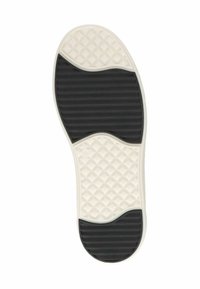 Semelle de chaussure en caoutchouc blanc avec un motif en relief en forme de diamant, bandes en caoutchouc noir pour une meilleure adhérence et bout arrondi pour plus de confort.