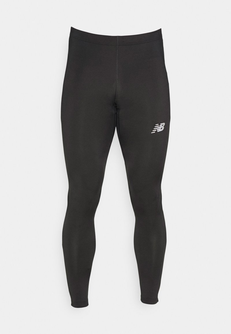 Leggings deportivos negros de material elástico, con un diseño ajustado y un pequeño logo blanco en el muslo izquierdo. Textura suave.