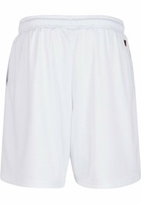 Hvite atletiske shorts laget av mesh-stoff, med elastisk liv, sidelommer, avslappet passform og sydd fald.