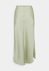 Jupe midi en satin vert clair à taille haute, couture avant, fentes latérales et fermeture éclair au dos.