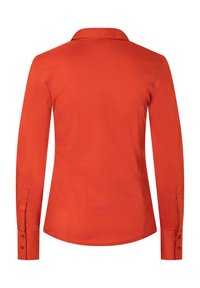 Langarmshirt, leuchtend orange, aus glattem Stoff, mit klassischem Kragen und geknöpften Manschetten. Rückansicht dargestellt.