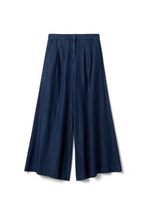 Wide-leg, dark blue denim pants with high waist, front zipper, and subtle pleats, laid flat on white background.