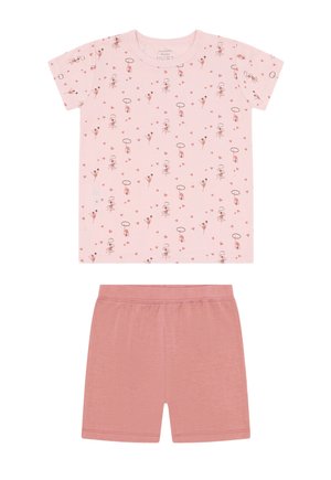 Rosa Kurzarmshirt mit Ballerina- und Herzmotiv, kombiniert mit einfarbigen, elastischen Shorts in Staubrosa.