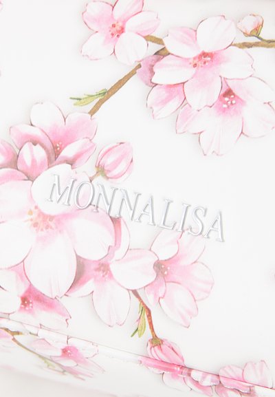 White bag featuring pink cherry blossom floral print. Silver "MONNALISA" logo in the center. Smooth texture with a glossy finish.