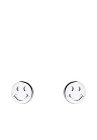 Orecchini in metallo di tonalità argento a forma di facce sorridenti, con occhi e bocche incisi, dal finish lucido e liscio.