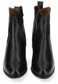 Botines de cuero negro con un diseño elegante, que presentan cremalleras laterales, punta redondeada y un acabado suave. Forro interior marrón.