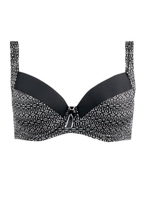 Czarny i biały stanik z fiszbinami w wzory, z uformowanymi miseczkami, regulowanymi ramiączkami oraz małą ozdobną kokardką na środku przodu.